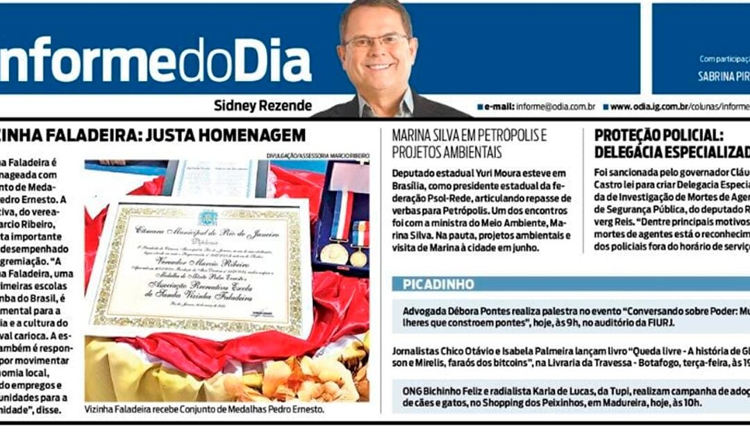 Vizinha Faladeira é homenageada com Conjunto de Medalhas Pedro Ernesto